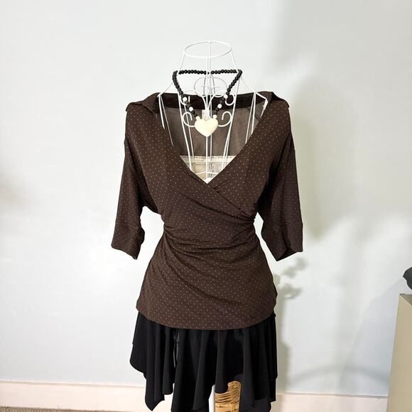 super cute vintage y2k brown & pink polka dot babydoll wrap blouse top - Picture 1 of 6